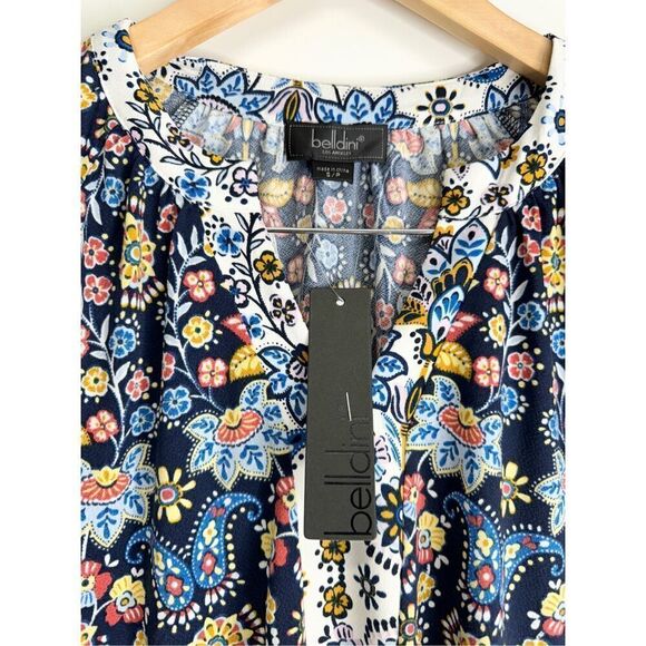 Belldini Womens Size Small Blue Floral Ruffled Long Sleeve Split Neck Blouse NWT - Picture 7 of 12